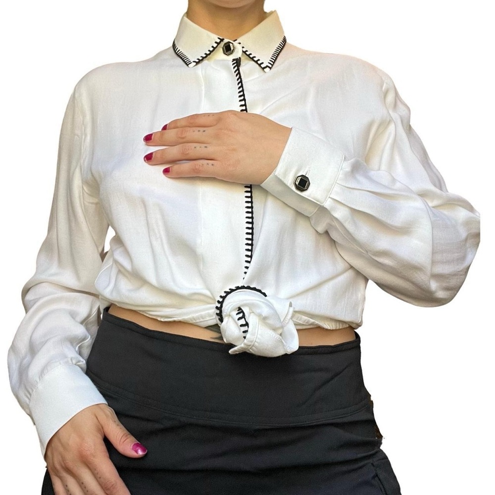 White Button-Up Shirt with Black Trim